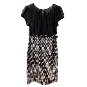 Alyx Fitted One Piece Dress Black Sheer Top Attached Cami Belted Geometrical⚫️⚪️